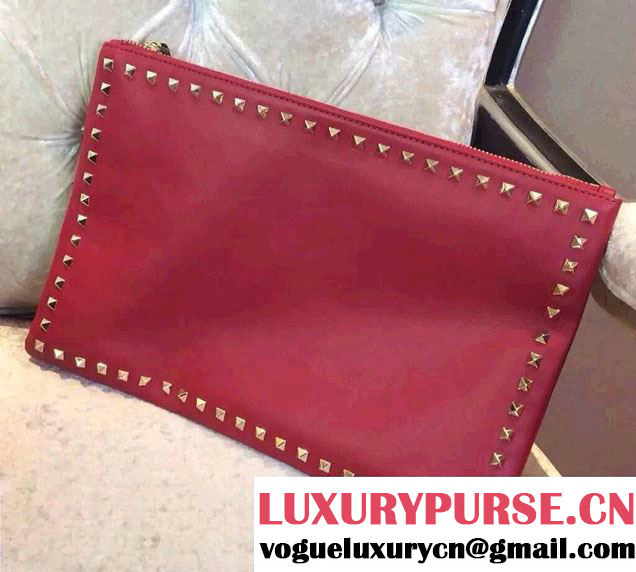 Valentino Calfskin Rockstud Clutch Pouch Bag Red 2015