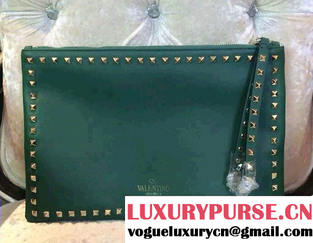 Valentino Calfskin Rockstud Clutch Pouch Bag Green 2015