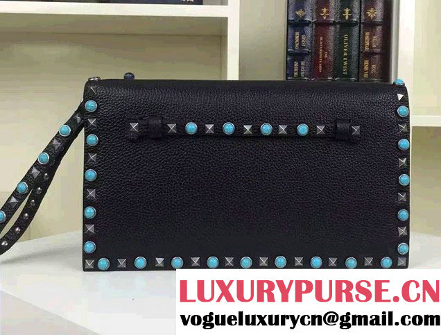 Valentino Silver/Turquoise Rockstud Rolling Clutch Bag Black 2016