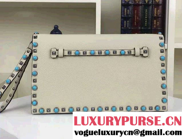 Valentino Silver/Turquoise Rockstud Rolling Clutch Bag Off White 2016