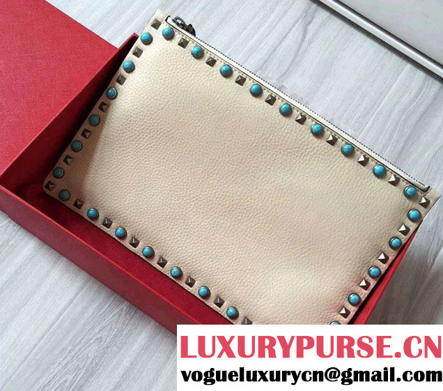 Valentino Turquoise/Silver Rockstud Rolling Large Flat Pouch Clutch Bag Off White 2016