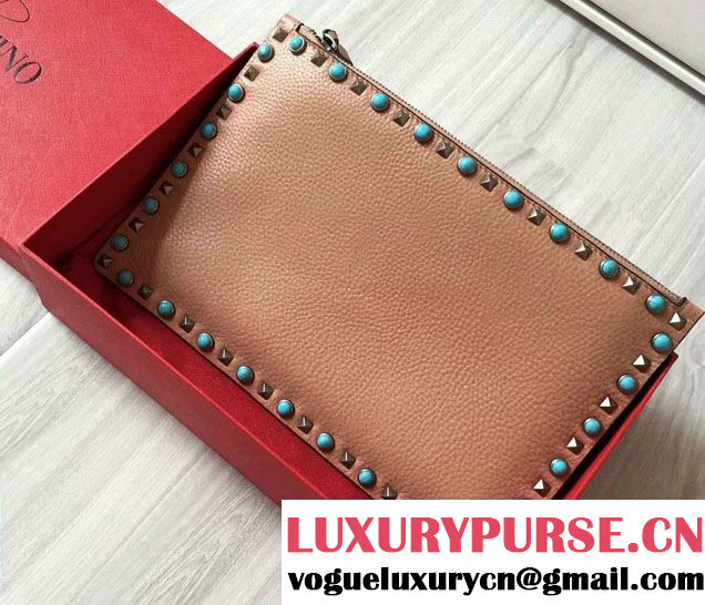 Valentino Turquoise/Silver Rockstud Rolling Large Flat Pouch Clutch Bag Apricot 2016