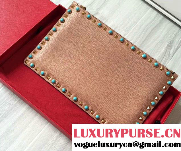 Valentino Turquoise/Gold Rockstud Rolling Large Flat Pouch Clutch Bag Apricot 2016