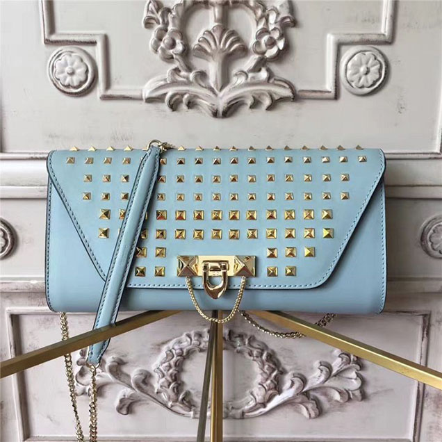 Valentino Garavani Demilune Studded Chain Clutch Bag Calfskin Leather Pre-Fall 2017 Bag Collection Light Blue