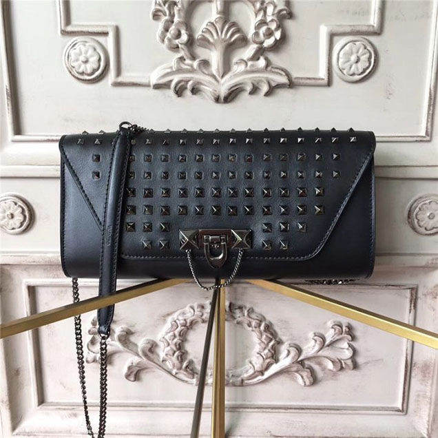 Valentino Garavani Demilune Studded Chain Clutch Bag Calfskin Leather Pre-Fall 2017 Bag Collection Black Black