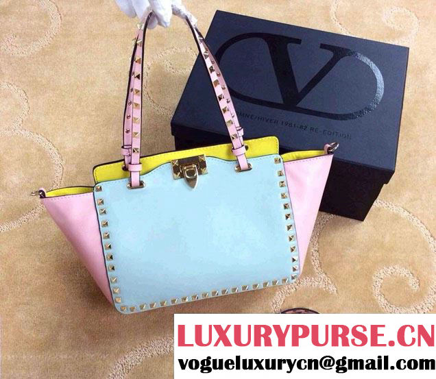 Valentino Watercolor Rockstud Small Tote Bag Pink/Light Green 2015