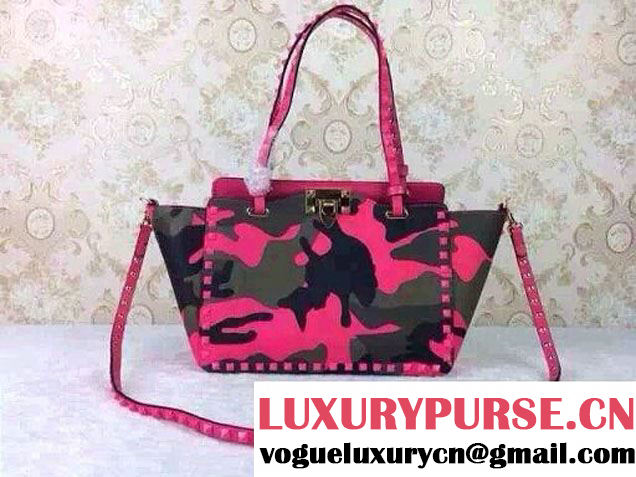 Valentino Rockstud Camouflage Print Tote Small Bag Fuchsia