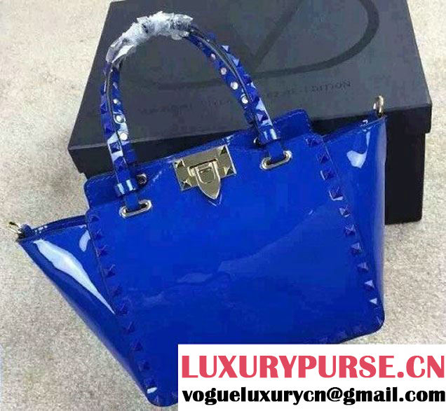 Valentino Patent Leather Rockstud Mini Tote Bag Blue 2015