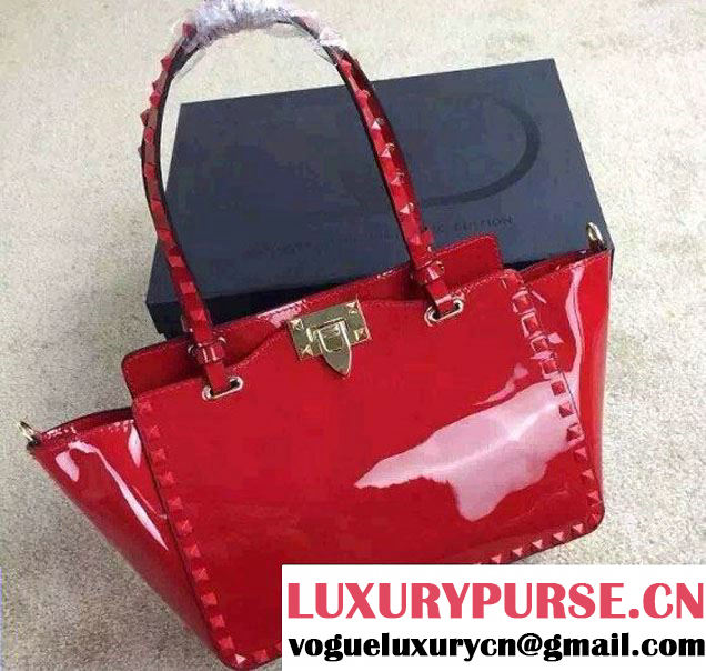 Valentino Patent Leather Rockstud Small Tote Bag Red 2015