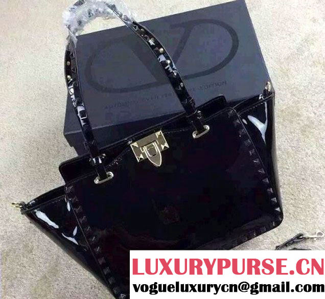 Valentino Patent Leather Rockstud Small Tote Bag Black 2015