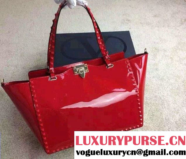 Valentino Patent Leather Rockstud Large Tote Bag Red 2015