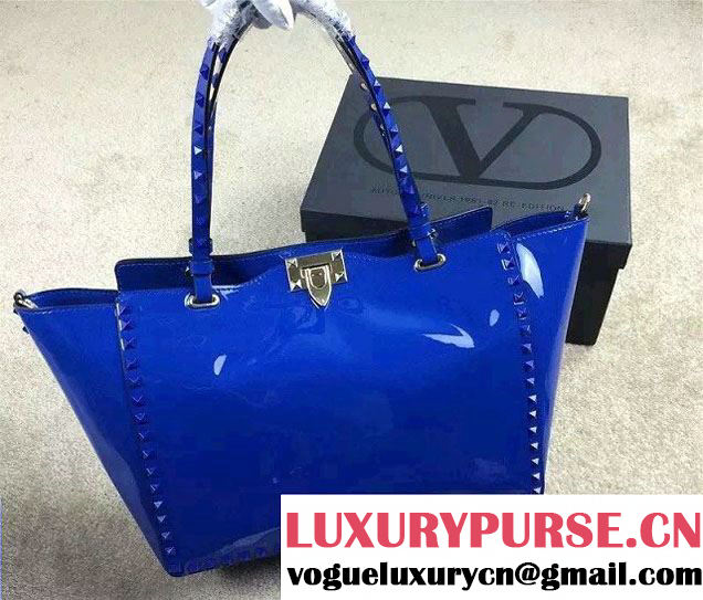 Valentino Patent Leather Rockstud Large Tote Bag Blue 2015