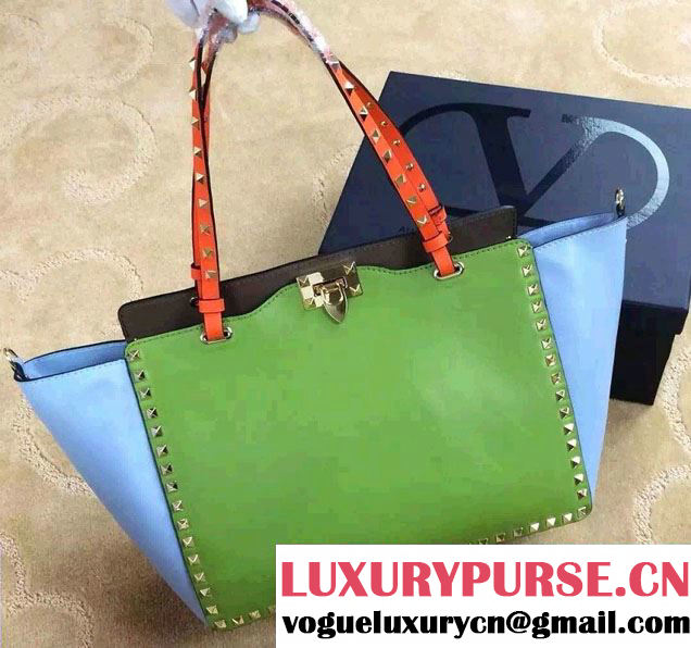 Valentino ColorBlock Leather Rockstud Tote Bag Green/Gray/Light Blue 2015