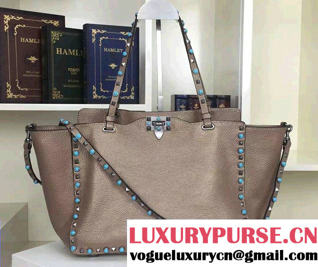 Valentino Silver/Turquoise Rockstud Rolling Medium Tote Bag Platinum 2016