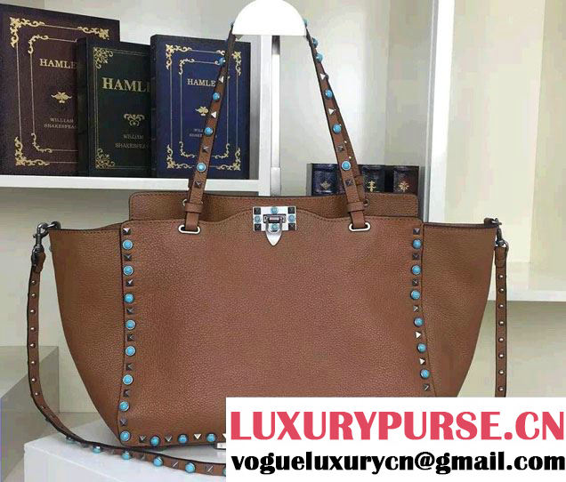 Valentino Silver/Turquoise Rockstud Rolling Medium Tote Bag Brown 2016