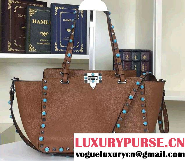 Valentino Silver/Turquoise Rockstud Rolling Small Tote Bag Brown 2016