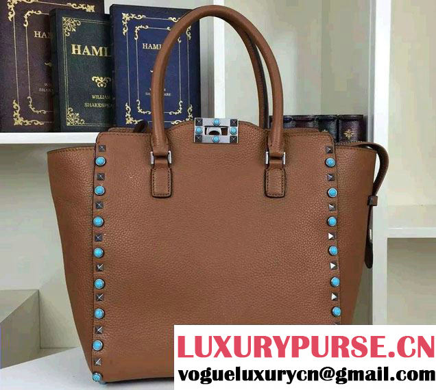 Valentino Silver/Turquoise Rockstud Rolling Small Double Handle Bag Brown 2016