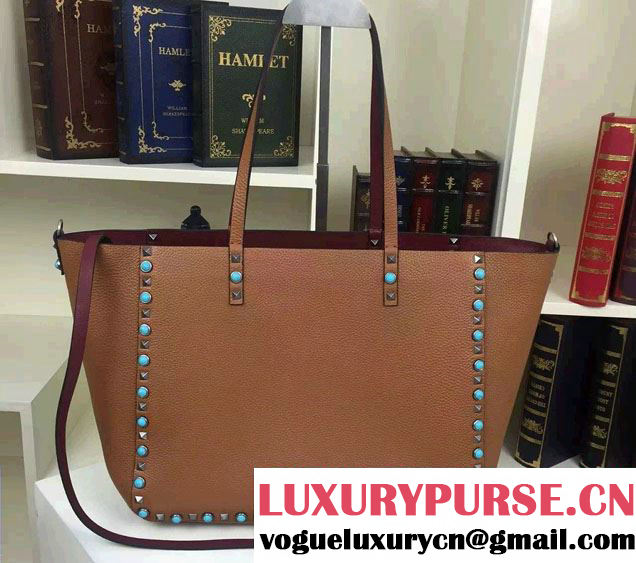 Valentino Silver/Turquoise Calfskin Rockstud Double Reversible Medium Tote Bag Brown/Burgundy 2016