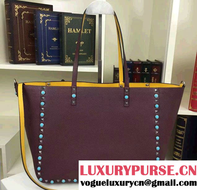 Valentino Silver/Turquoise Calfskin Rockstud Double Reversible Medium Tote Bag Burgundy/Yellow 2016