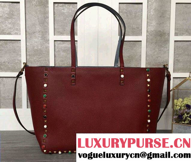 Valentino Multi-colored Cabochon Stones Rockstud Rolling Double Reversible Medium Tote Bag Burgundy/Sky Blue 2016