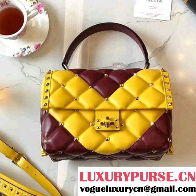 Valentino "V" Intarsia Lambskin Garavani Candystud Single Handle Bag Yellow/Burgundy 2018 (B178-8022705 )