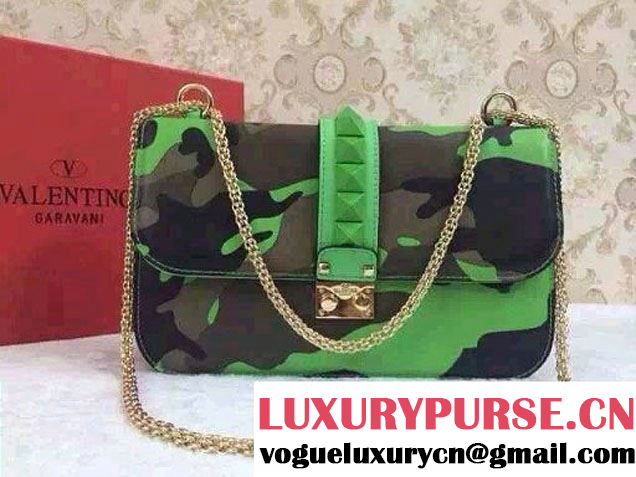 Valentino Rockstud Camouflage Print Flap Shoulder Large Bag Green