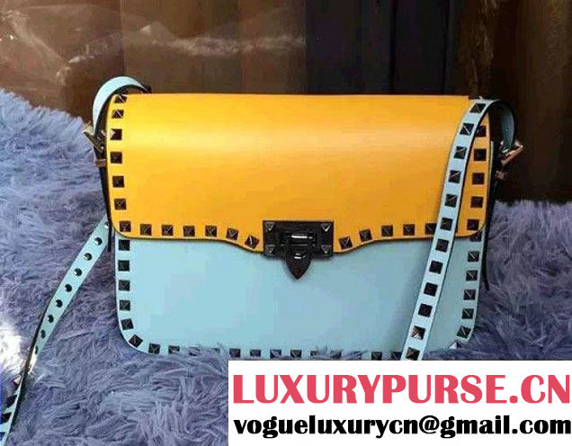 Valentino Rockstud Round Flap Shoulder Large Bag Yellow/Cyan 2015/2016