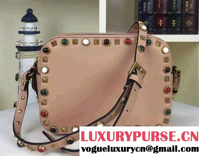 Valentino Multi-colored Cabochon Stones Rockstud Rolling Cross Body Camera Bag Apricot 2016