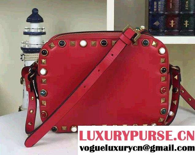 Valentino Multi-colored Cabochon Stones Rockstud Rolling Cross Body Camera Bag Red 2016