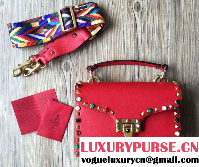 Valentino Multi-colored Cabochon Stones Rockstud Rolling Top Handle Shoulder Bag Red 2016