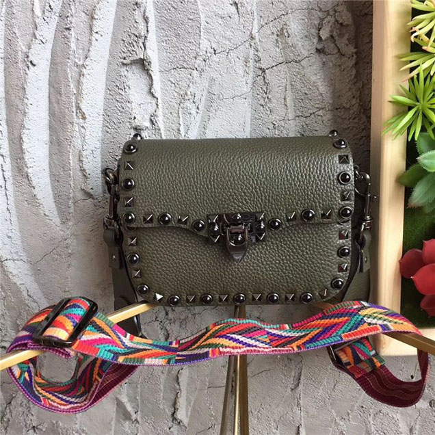 Valentino Rolling Rockstud Guitar Strap Black Studs Grained Calfskin Leather Shoulder 20cm Bag Fall Winter 2017 Collection Olive Green