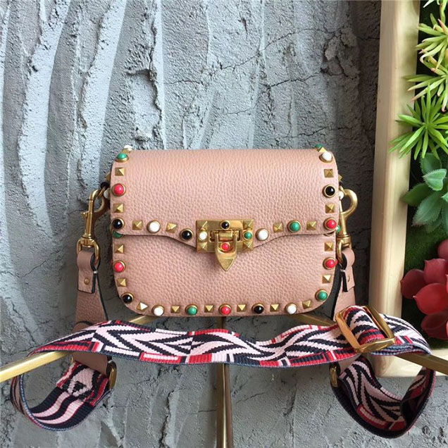 Valentino Rolling Rockstud Guitar Strap Multicolor Studs Grained Calfskin Leather Shoulder 20cm Bag Fall Winter 2017 Collection Pink