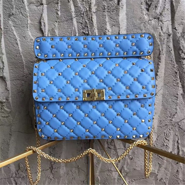 Valentino Garavani Spike Rockstud Medium Shoulder 23cm Bag Calfskin Leather Fall Winter 2017 Collection Sky Blue