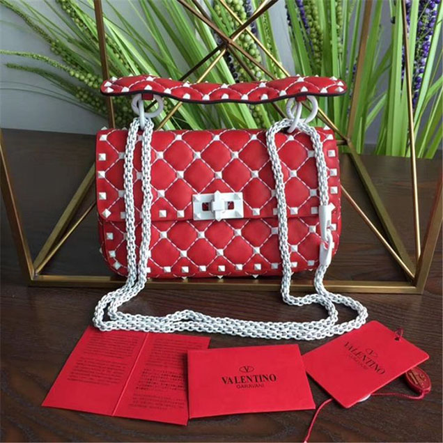 Valentino Garavani White Spike Rockstud Small Shoulder 20cm Bag Calfskin Leather Fall Winter 2017 Collection Red