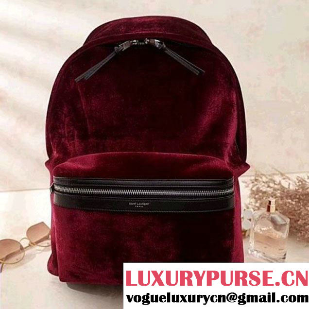 Saint Laurent City Backpack in Velvet and Lambskin 462807 Burgundy (Nana-8030805 )