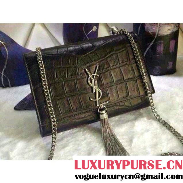 Saint Laurent Black Croc Embossed Cassandre Tassel Small Shoulder Bag (ysl2593 ) (ysl2593 )