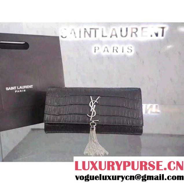 Saint Laurent 326080 Classic Monogram Tassel Clutch in Black Crocodile Embossed Leather (JD-052151 )