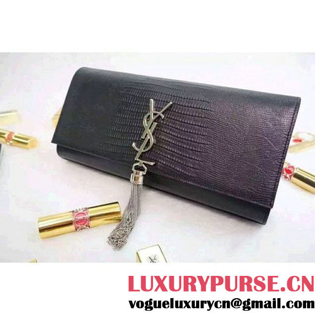 Saint Laurent Classic Monogram Tassel Clutch 326080 in Lizard Veins Leather Black (1a130-092648 )