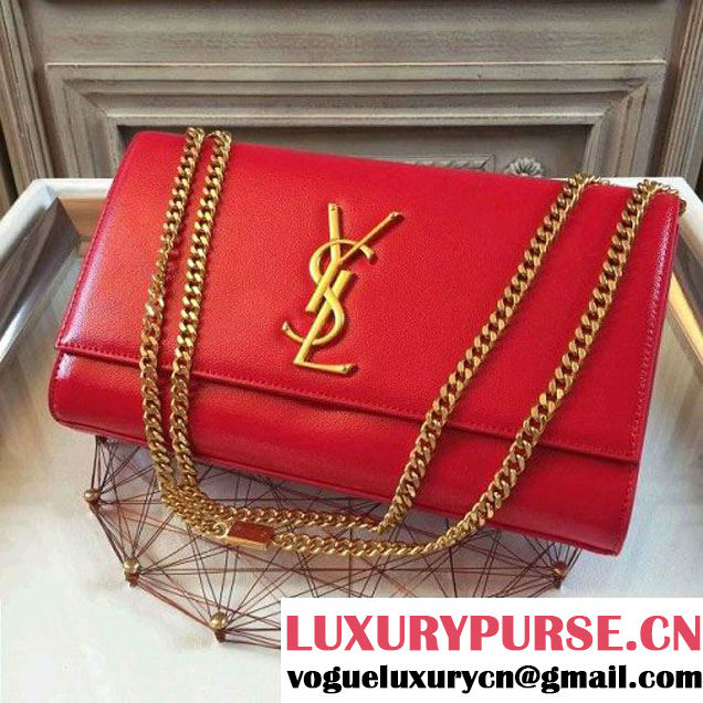 Saint Laurent Classic 28cm Monogram Satchel In Red Shiny Grain De Pouder Textured Leather (1A061-061116 )