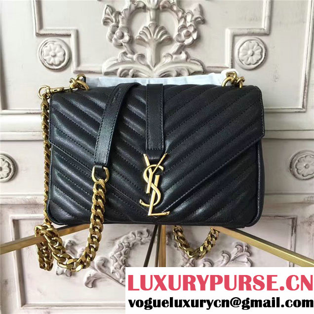 YSL Saint Laurent Classic Monogram Chevron Matelasse Medium Gold Chain Satchel 24cm Calfskin Leather Fall Winter 2017 Collection Black