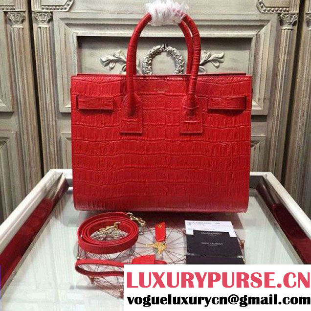 Saint Laurent Classic Small Sac De Jour Bag in Red Crocodile Embossed Leather (1c113-071863 )