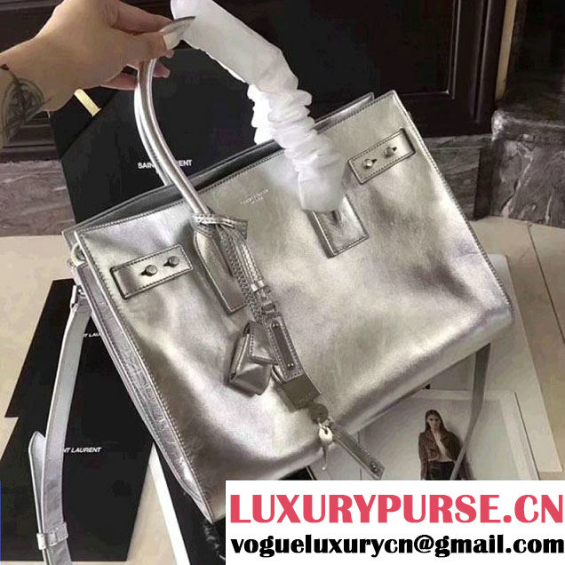 Saint Laurent 464960 Small Sac De Jour Souple Bag in Crumpled Silver Calf Leather (1A130-8011728 )