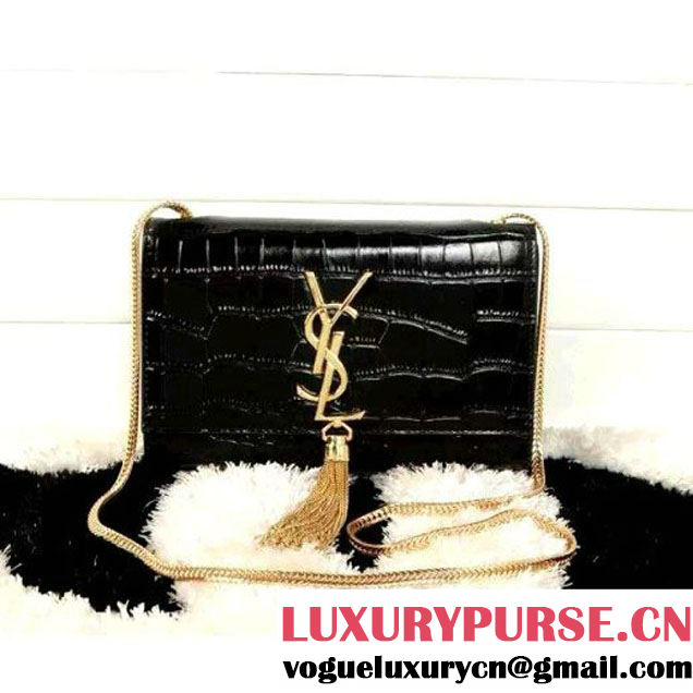 Saint Laurent Classic Medium Monogram Tassel Satchel In Black Crocodile Embossed Metallic Leather 2015 (1A061-050913 )