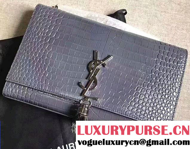 Saint Laurent Classic Medium Kate Sliver Monogram Tassel Satchel Crocodile Embossed Shoulder Bag 354119 Dark Gary