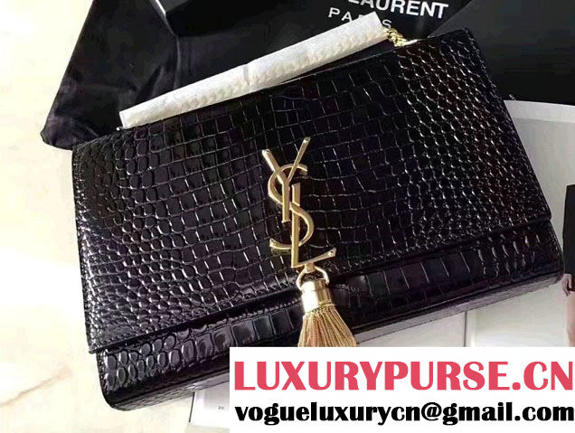 Saint Laurent Classic Medium Kate Monogram Tassel Satchel Crocodile Embossed Shoulder Bag 354119 Black/Gold 2017