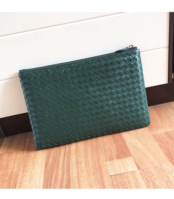 Bottega Veneta Dark Green Original Weave Lambskin Leather Large Pouch