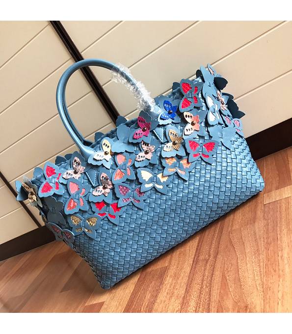 Bottega Veneta Croc Veins Butterfly Lake Blue Original Weave Lambskin Leather Medium Cabat Tote Shopping Bag