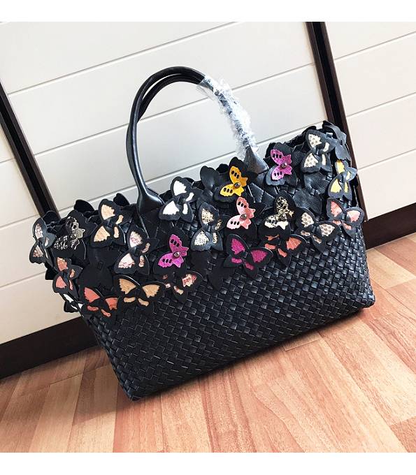 Bottega Veneta Croc Veins Butterfly Black Original Weave Lambskin Leather Medium Cabat Tote Shopping Bag