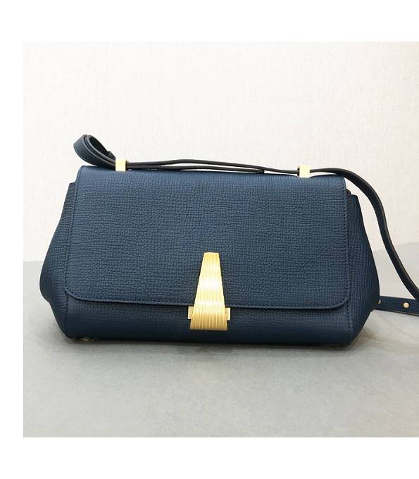 Bottega Veneta Angle Blue Original Grainy Real Leather Golden Metal Trapezoidal Shoulder Bag