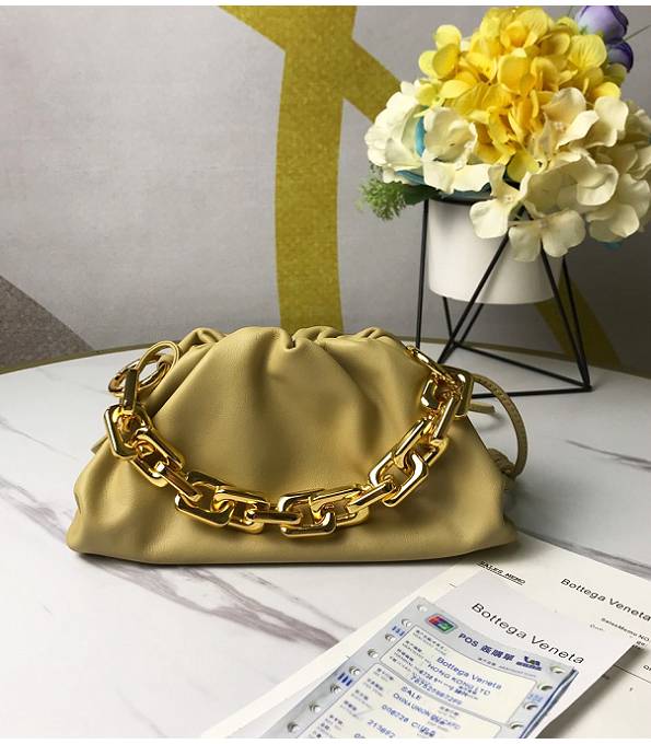 Bottega Veneta Cloud Light Yellow Original Soft Real Leather Golden Chain Mini Pouch